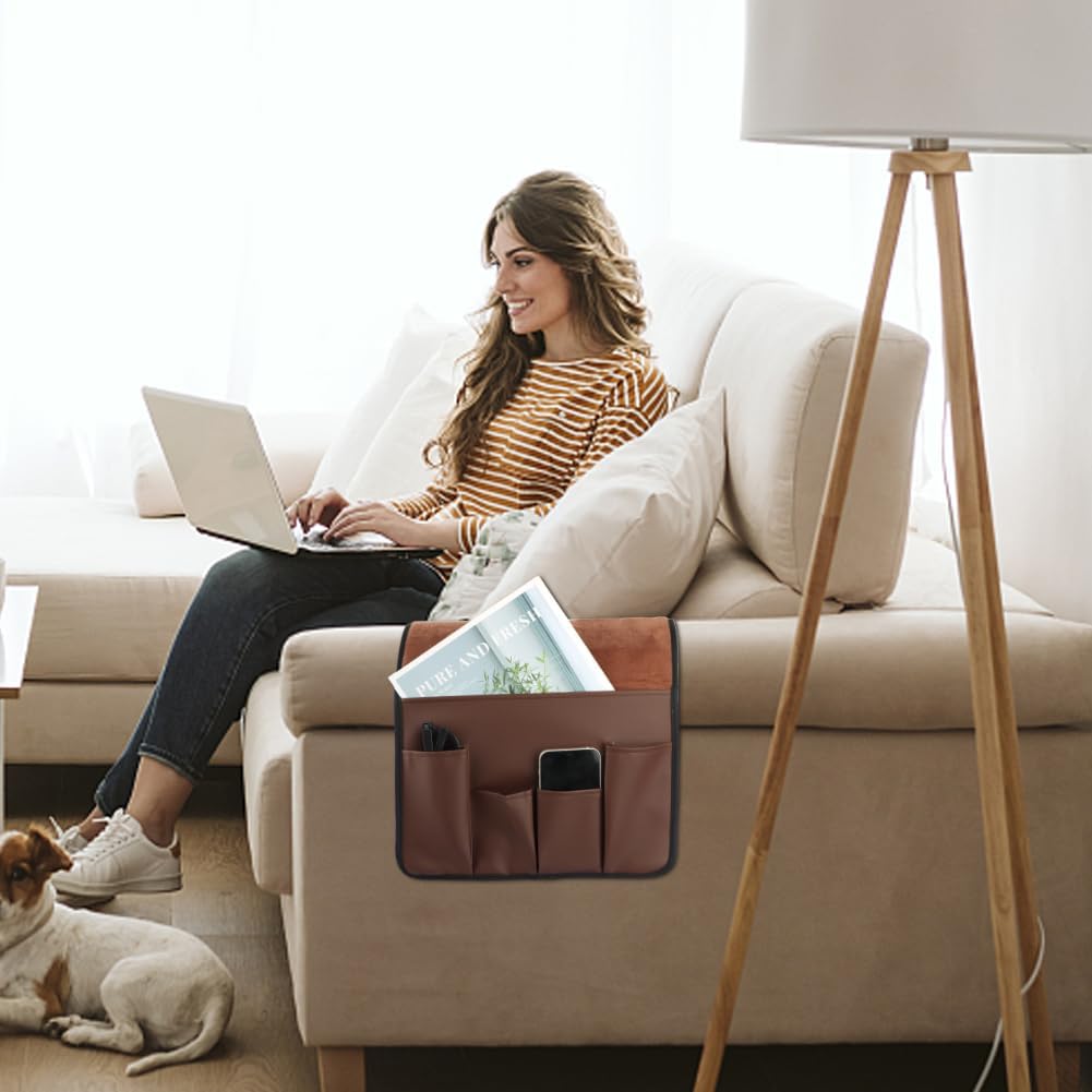 PU Leather Sofa Armrest Organizer with 5 Pockets, 35x13 Inch, Brown