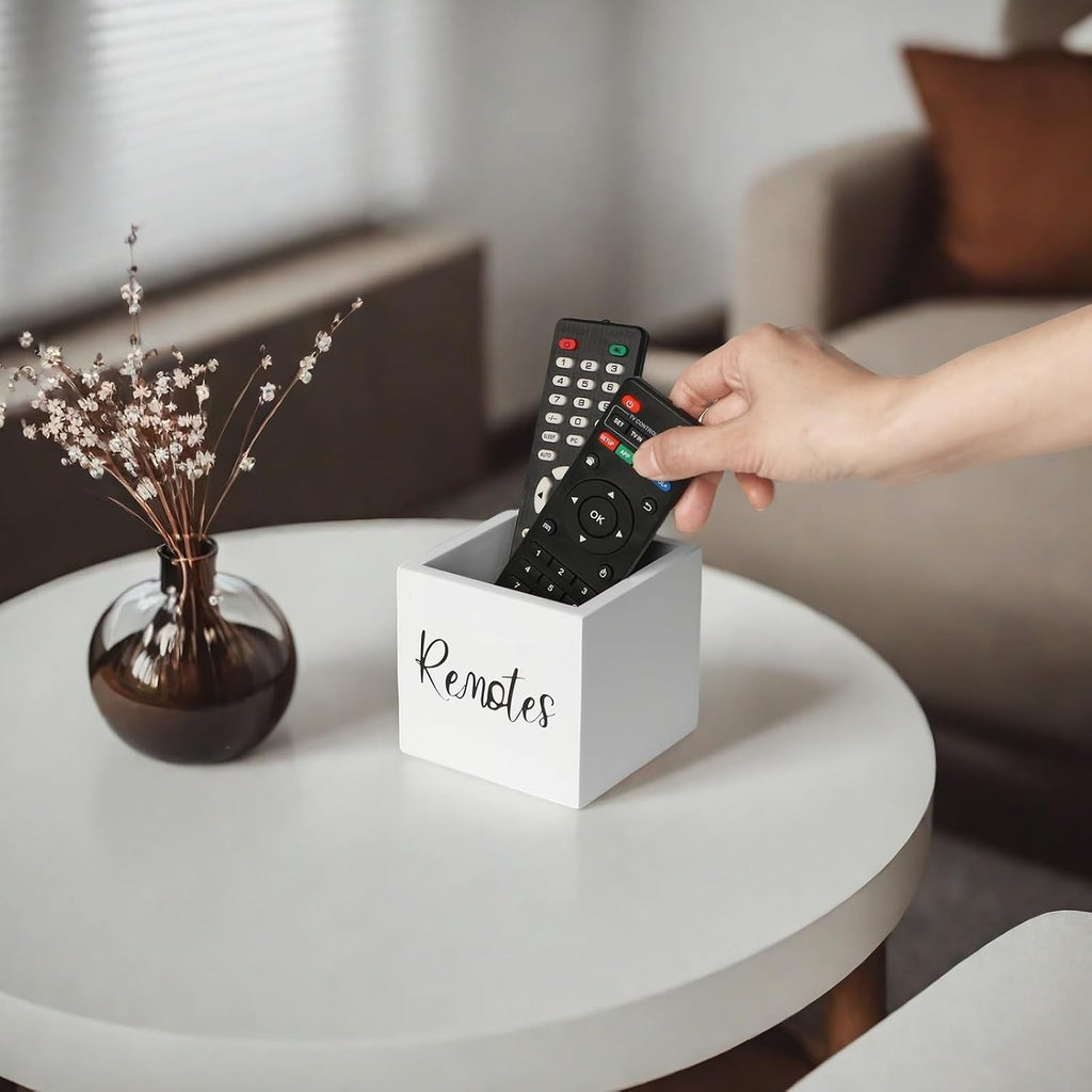 LBEMEY Wood Remote Control Holder, TV Remote Control Organizer for Home Bedroom Table, Multi-Purpose Desktop Storage (White, S,for 2 or 3 Remote Controls)