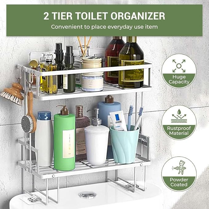 DINEST 2 Tier Over the Toilet Storage Shelf, Anti Resistant Bathroom Shelf Over Toilet Organizer, Multifunctional No Drilling Above Toilet Storage with Wall Mounting Design(White)