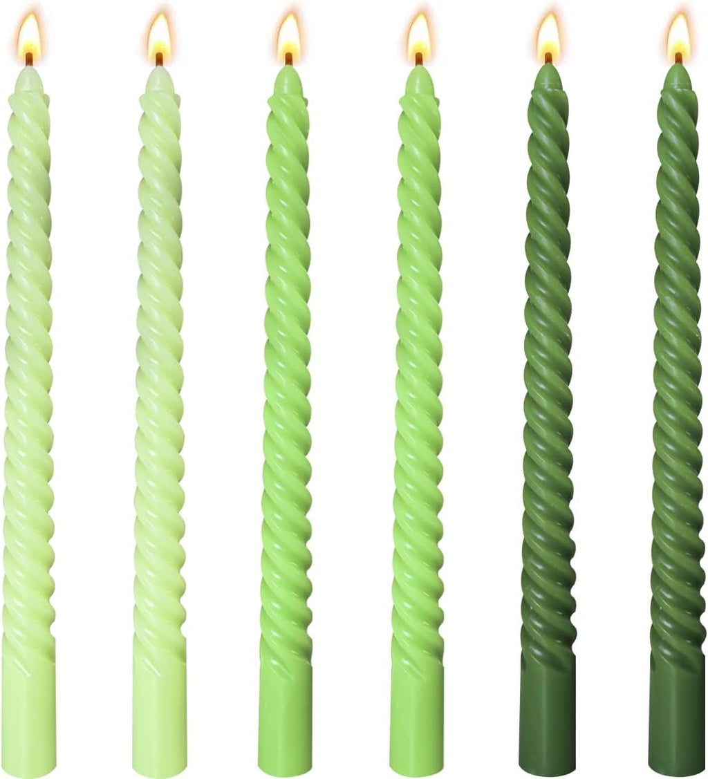 10 Inch Gradient-Green Spiral Taper Candle Set, 6 Pack Unscented Dripless Candlesticks for Dinner St. Patrick's Day Earth Day and Garden Parties