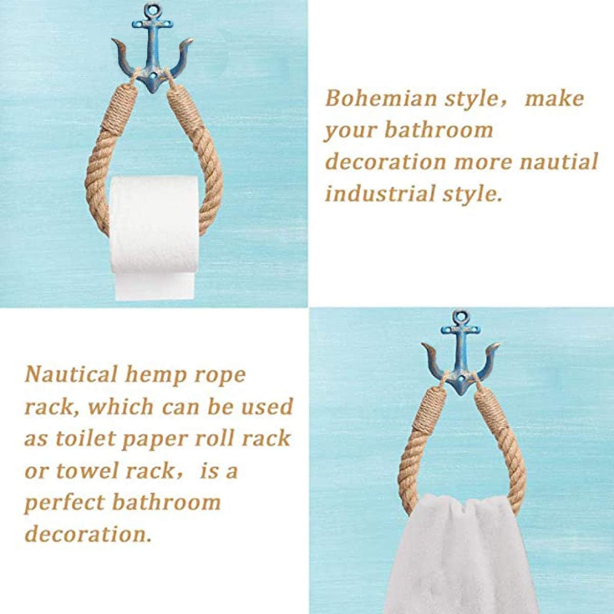 2 Pcs Nautical Rope Toilet Paper Holder Wall-Mounted Towel Ring Nautical Toilet Paper Holder with Metal Hooks Coastal Towel Rack Natural Antique Rope(Blue+Blue)