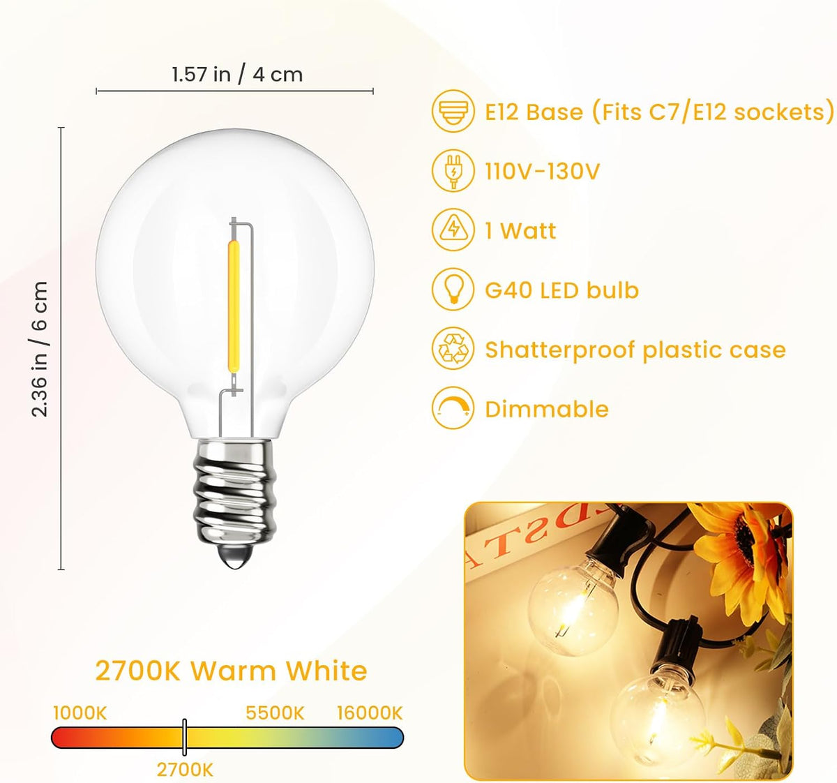 Svater G40 LED Replacement Bulbs for Outdoor String Lights, 25 Pack Dimmable Shatterproof Globe Bulbs, E12/C7 Screw Base Edison Light Bulbs for Indoor Outdoor Patio Decor, Warm White 2700K