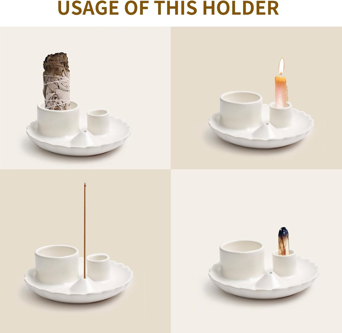4 in 1 Incense Holder, Palo Santo Holder for Burning Sage, Sticks & Candle, Ceramic Incense Burner， 5.3" Ceramic Ash Catcher Tray for Meditation Room Home Decor