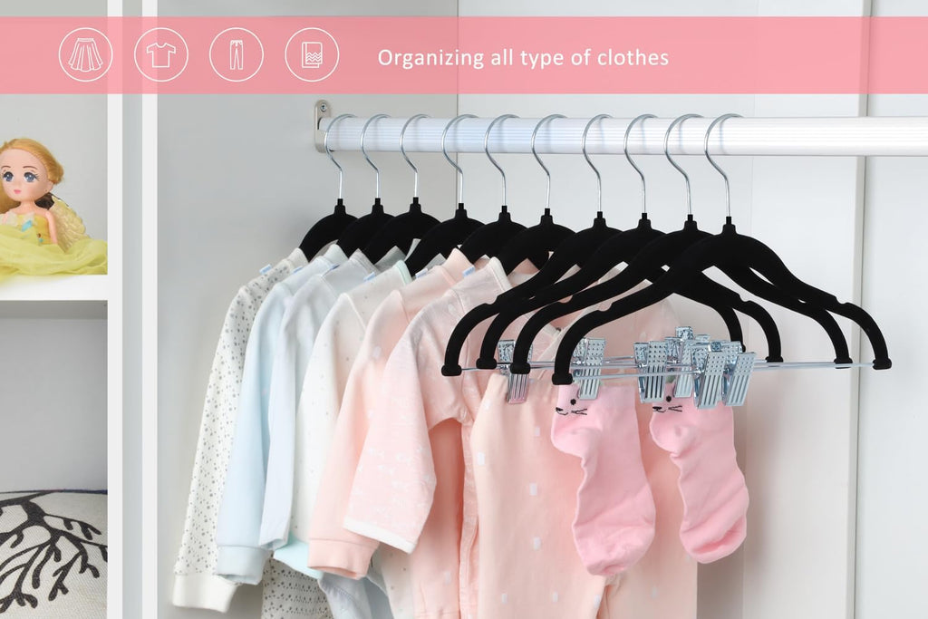 ManGotree 11.8'' Baby Velvet Hangers with Movable Clips 28 Pack Black
