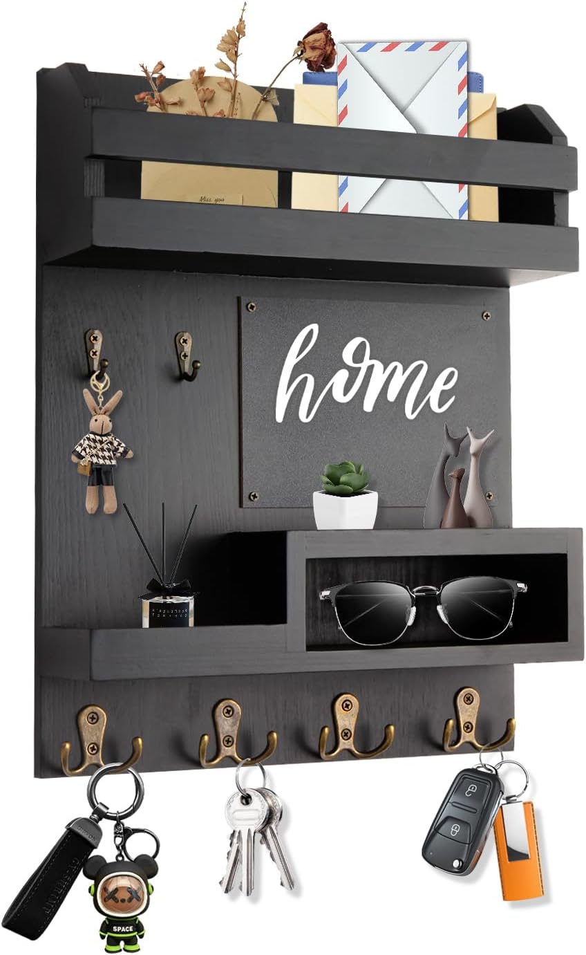 Large Key and Mail Holder Wall Mount, 12.5x16.5 Inch Solid Wood Key Racks for Entryway, Front Door, Hallway, Wall Organizer (Matte Black)
