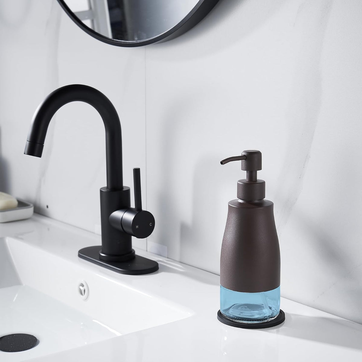 Gaussra Matte Brown Soap Dispenser with Coaster & Stickers - 11 OZ / 320 ML