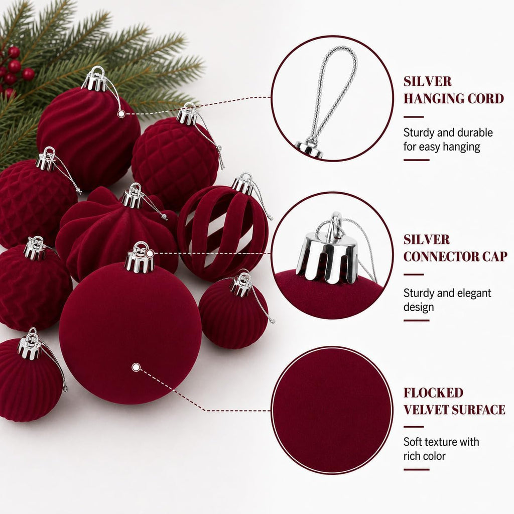 47 Pcs Velvet Christmas Ball Ornaments, Burgundy, 3 Sizes, Mixed Shapes