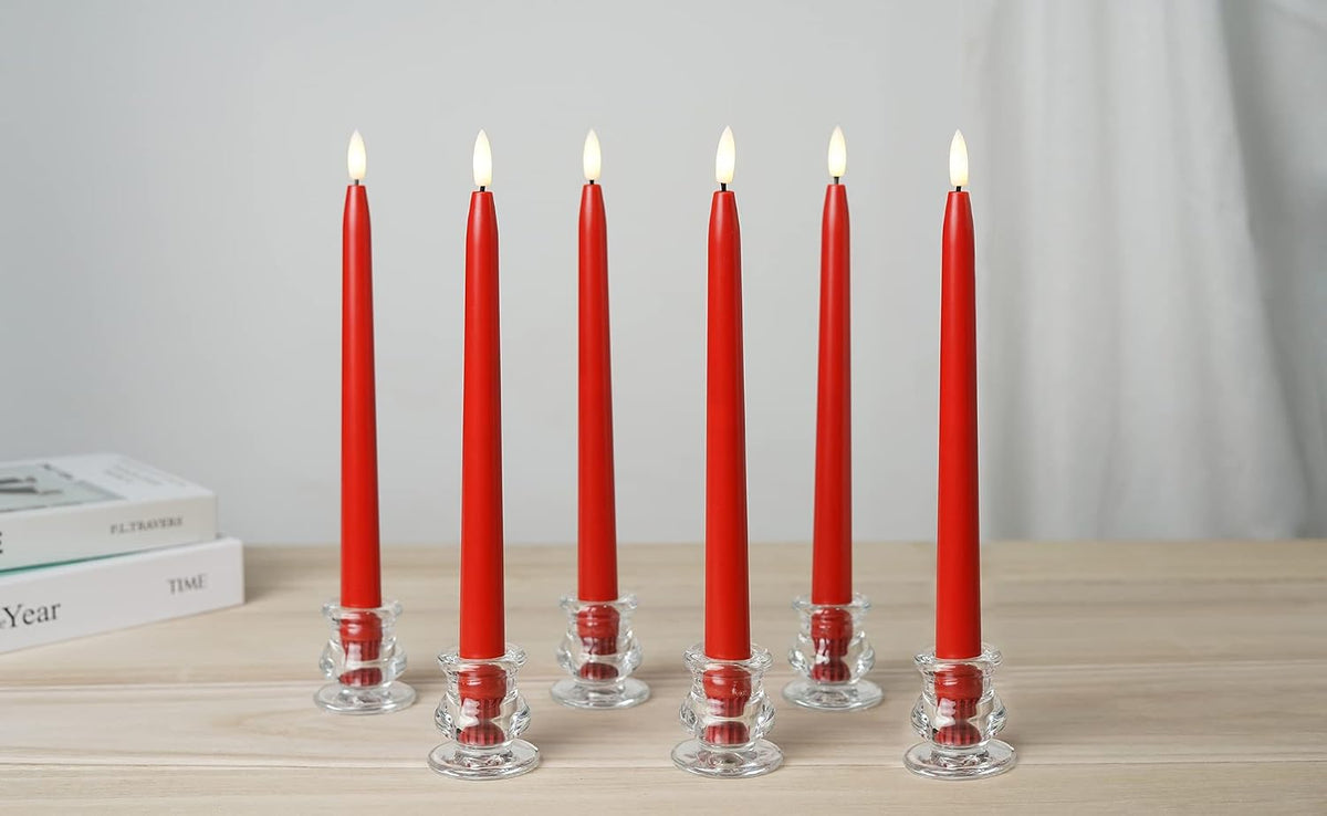 Stmarry Red Flameless Taper Candles with Remote Control - 11 Inch LED Candlesticks Battery Operated, Realistic 3D Flame with Wick, Timer, Christmas Decor - Set of 6