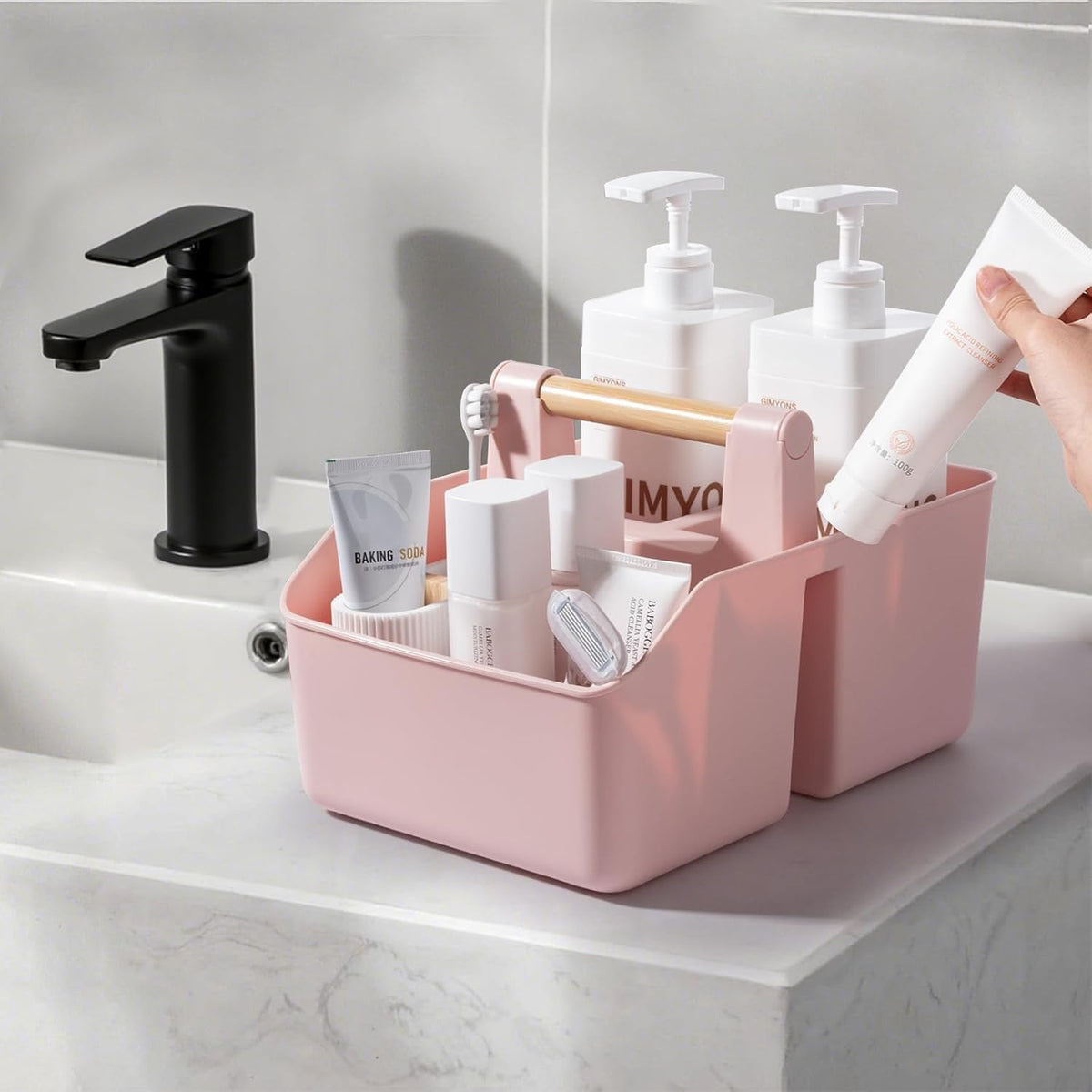 rejomiik Plastic Shower Caddy, Portable Basket with Bamboo Handle, Pink