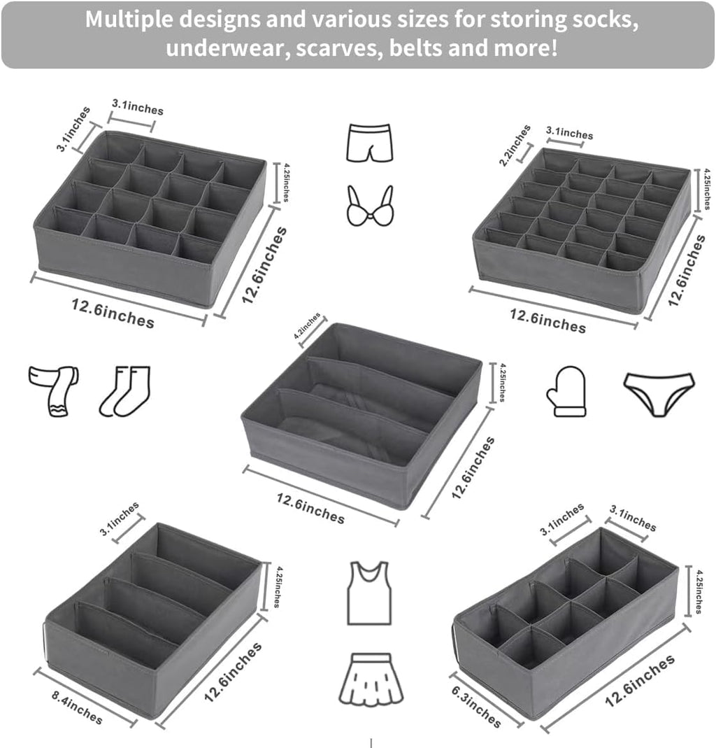 Lourome Underwear Drawer Organizer, 10-Pack, for Socks, Bras, Tie, Grey