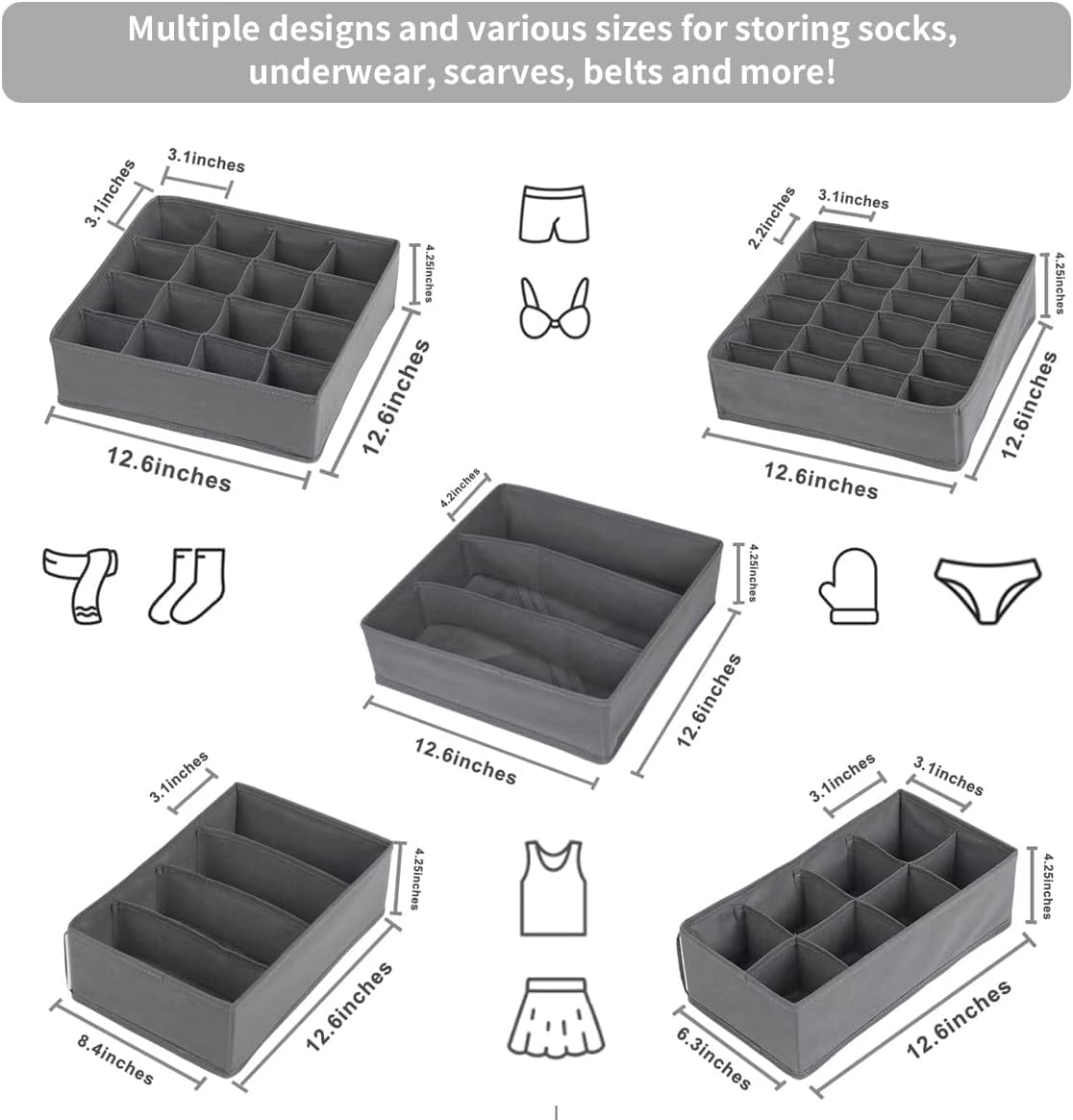 Lourome Underwear Drawer Organizer, 10-Pack, for Socks, Bras, Tie, Grey