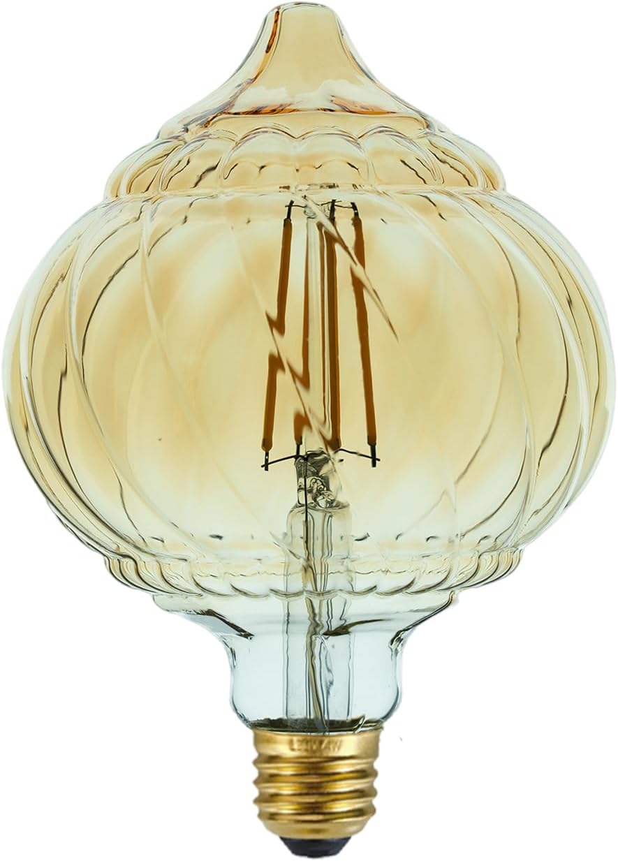 G40 LED Edison Bulb, Pumpkin Shape, Amber Hand-Blown Hard Glass, 4W 110-130V, E26, 2500K Warm Yellow Light, 400LM, Non-Dimmable, Indoor Decor Lighting (TwistCone)