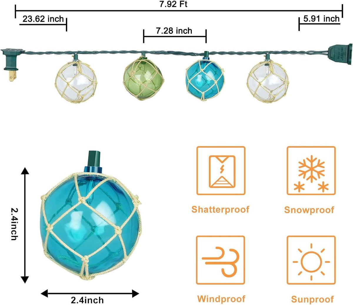 Decorative String Lights, 10 Nautical Fishing Floats, 7.92Ft Green Cord