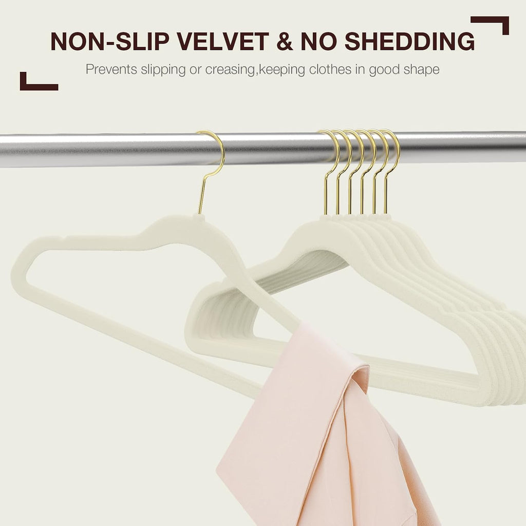 Korpai 50 Pack Beige Velvet Hangers,Felt Hangers with Gold 360°Swivel Hook,Coat Hanger Non Slip,Heavy-Duty,Space Saving,Slim Clothes Hangers for Pants,Outfit,Skirts,Suits,Coats,Dresses ect.