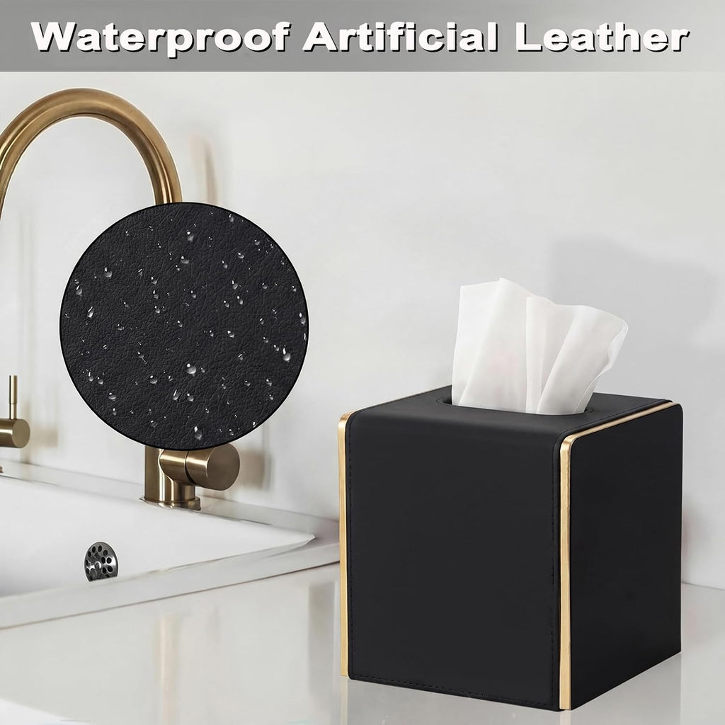 Sumnacon PU Square Tissue Box Cover, Magnetic Bottom, Waterproof, Black