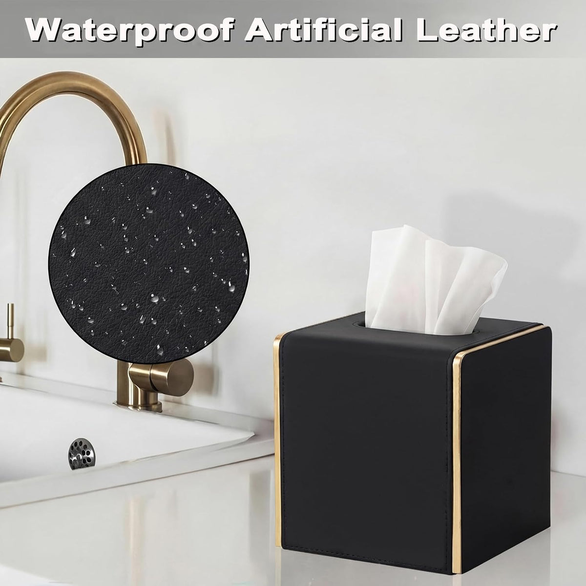 Sumnacon PU Square Tissue Box Cover, Magnetic Bottom, Waterproof, Black