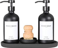 Ronasip Set of 5 Kitchen Soap Dispenser Set 16 Oz Glass Hand Dish Soap Dispenser with Stainless Steel Pump, Cement Tray, Dish Scrub Brush for Farmhouse Rustic Home Bathroom Decor (Black)