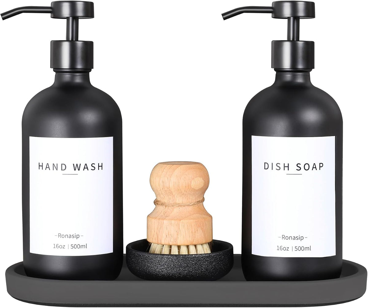 Ronasip Set of 5 Kitchen Soap Dispenser Set 16 Oz Glass Hand Dish Soap Dispenser with Stainless Steel Pump, Cement Tray, Dish Scrub Brush for Farmhouse Rustic Home Bathroom Decor (Black)