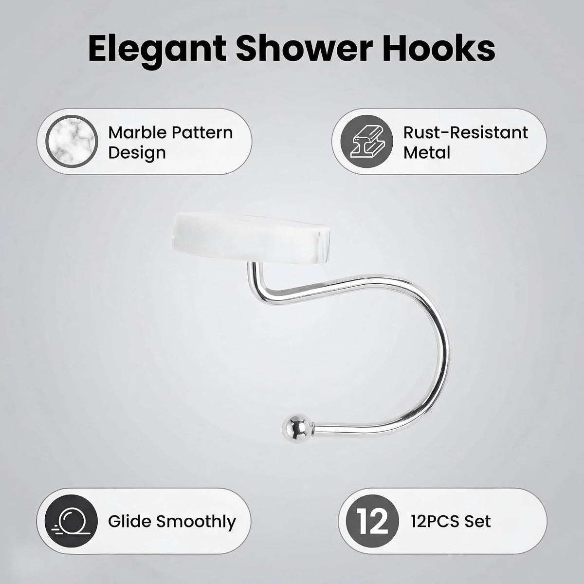 12 Pc Marble Shower Curtain Hooks Rustproof Resin Decorative Curtain Rings
