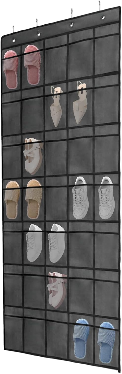 Over the Door Shoe Organizer, 35 Mesh Pockets, Gray, 4 Metal Hooks