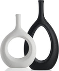 Black and White Ceramic Hollow Elliptical Vase Set of 2 - Boho Circle Vase with Hole, for Modern Black and White Table Decor, Living Room Decor Shelf mid Century Modern Home Entrance Decorative vase