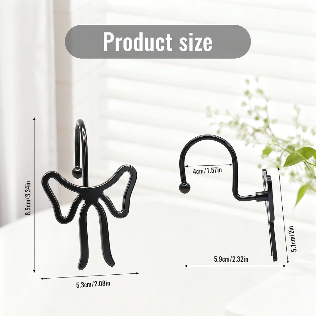 Bow Decorative Shower Curtain Hooks, Bowknot Shower Curtain Rings, Modern Bow Shower Curtain Hangers, 12PCS Shower Hooks for Shower Curtain, Home Decor, Bathroom, Bedroom, Living Room (Big-Black)