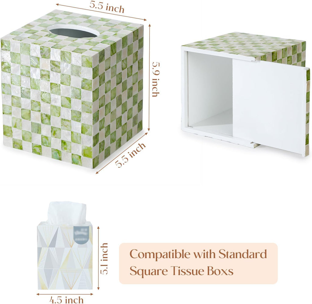 YANGQIHOME Capiz Shells Tissue Box Cover, Handmade Decorative Tissue Box Holder with Mother of Pearl, Square Facial Tissue Holder for Bathroom, Living Room, Kitchen, 5.5" x 5.5" x 5.9" (Green)