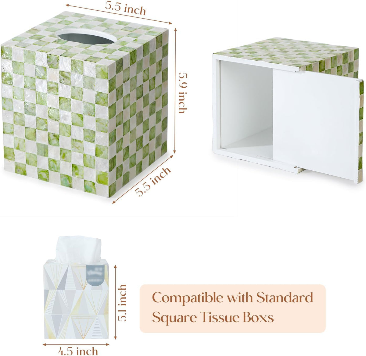 YANGQIHOME Capiz Shells Tissue Box Cover, Handmade Decorative Tissue Box Holder with Mother of Pearl, Square Facial Tissue Holder for Bathroom, Living Room, Kitchen, 5.5" x 5.5" x 5.9" (Green)