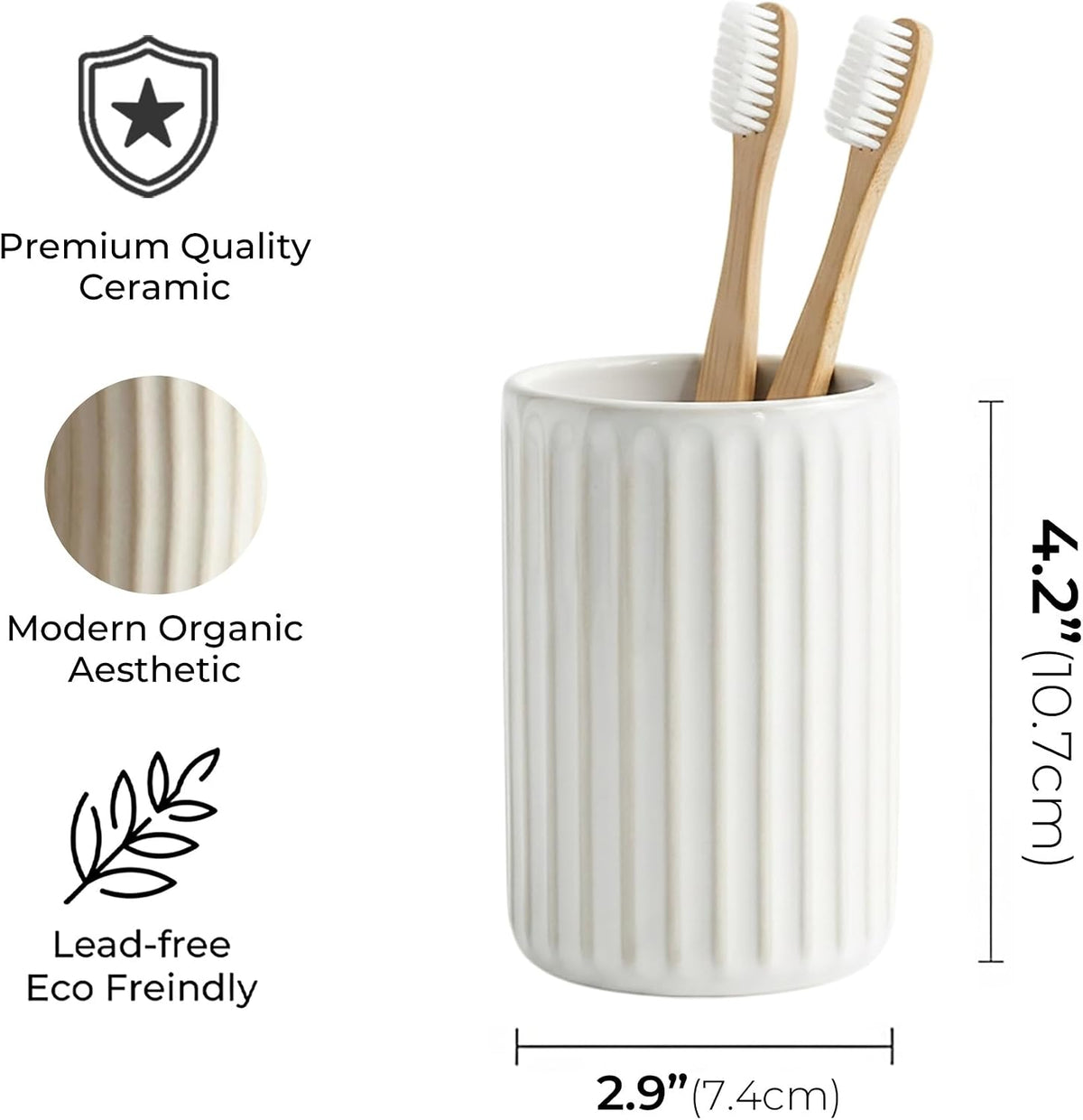 Sand White Ceramic Toothbrush Holder for Bathroom & Kitchen Countertop