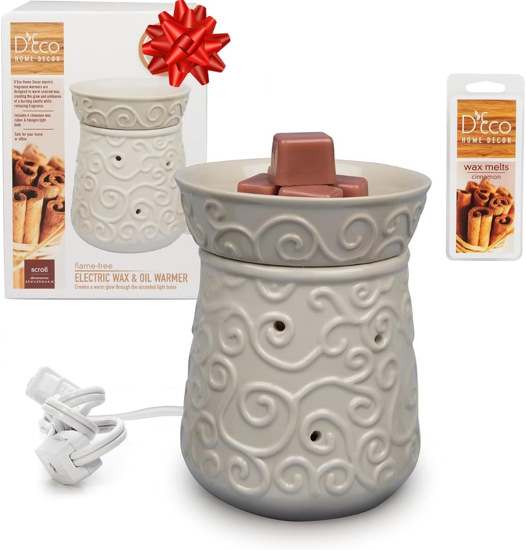 D'Eco Fragrance Wax Melt Warmer - Electric Scented Tart & Candle Warmer w 4 Cinnamon Cubes- Plug-in Halogen Bulb Melts Cubes & Fills Room w Fresh Scents & Night Light Glow- Holiday Xmas Must Have Gift