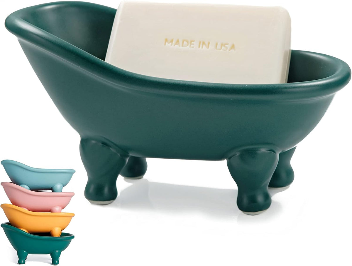 1 Piece 5.6" Colorful Ceramic Mini Clawfoot Bathtub Soap Dish Decortative Soap Dish Small Planter Makeup Organizer Container Hamster Bathtub(Green)