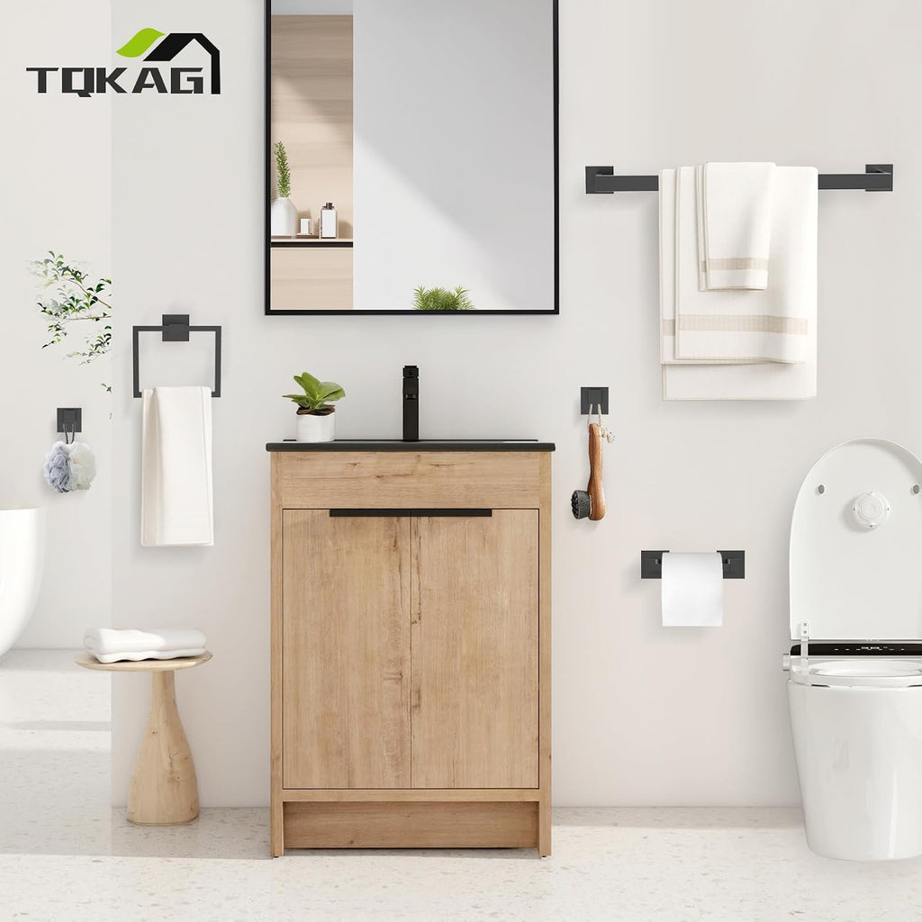 TQKAG Matte Black Bathroom Hardware Accessories Set 5 Pieces, Double Post Pivoting Toilet Paper Holder Set Stainless Steel Square Bathroom Towel Bar Holder Set Wall Mounted