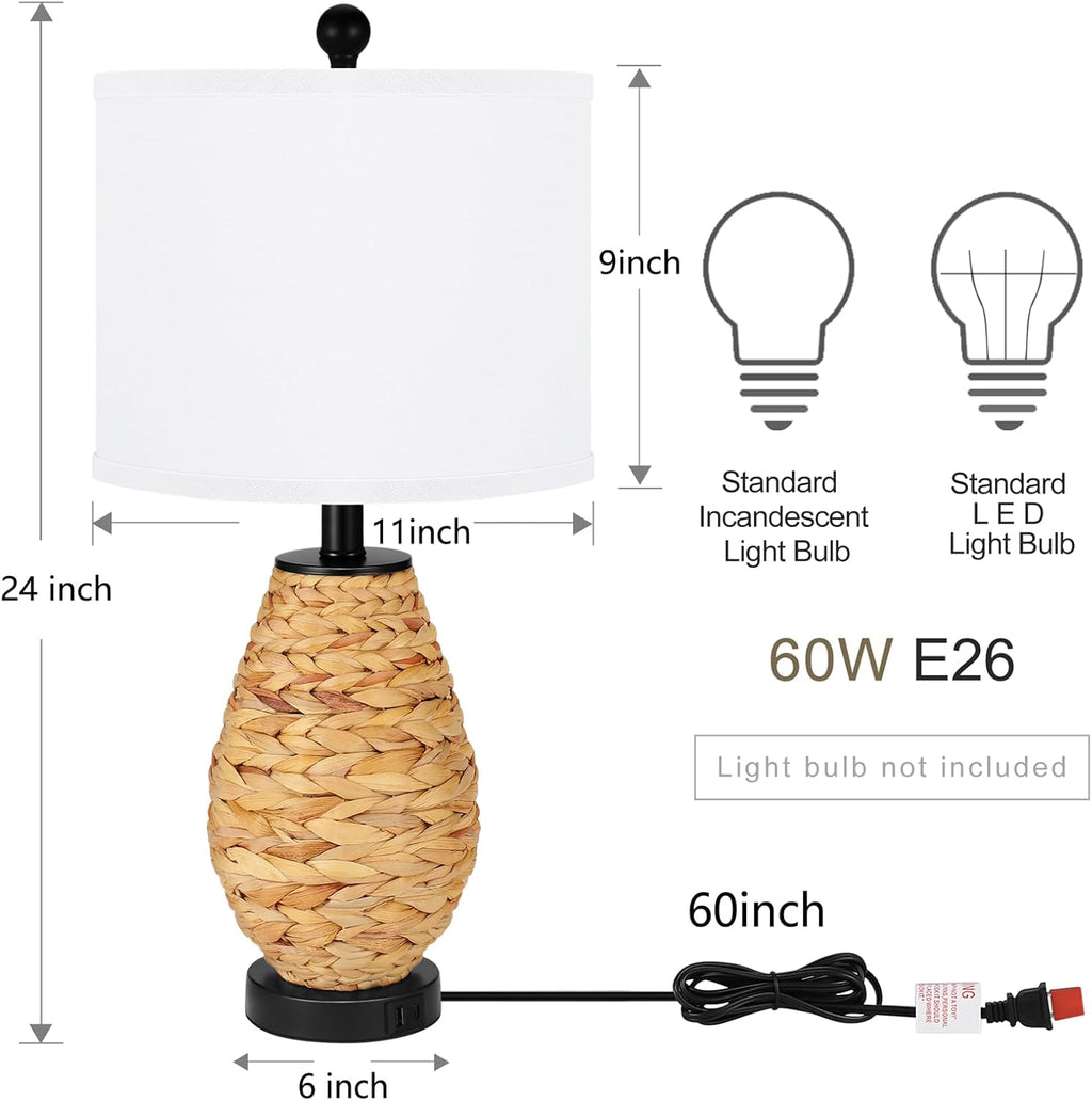 Coastal Table Lamps Set of 2, Retro Natural Seagrass Rattan Woven 25" Bedside Lamp, for Bedroom Living Room Home Nightstand Table Lamp(with USB C+A 5V 2.1A Charging Ports)