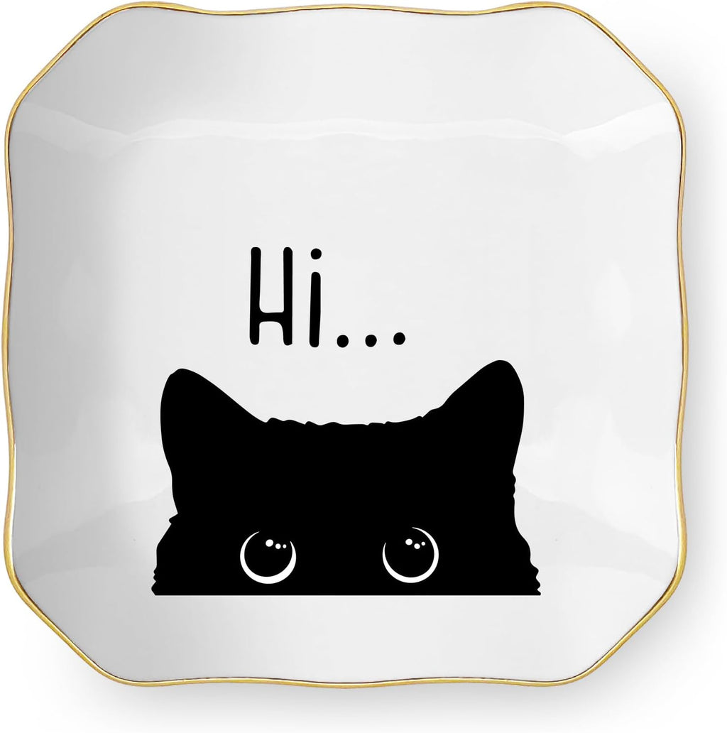 Cute Cat Themed Gifts, Ceramic Jewelry Dish Tray Holder, Trinket Dish, Funny Gifts for Cat Lover Owner Women Friend Birthday, Home Living Room Shelf Desk Table Decor