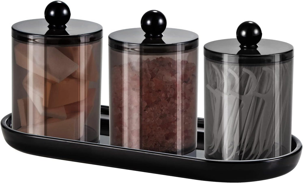 SheeChung 3 PCS Qtip Holder Bathroom Set with Tray, Acrylic Apothecary Jars