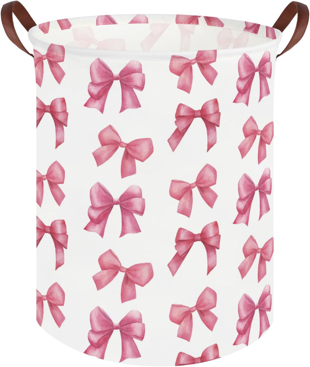 Bow laundry basket for girls,Nursery Hamper,Pink Laundry Hamper,Waterproof collapsible canvas laundry basket for girls,Pink Girls Laundry Basket,Living Room Decor(Bowknot)
