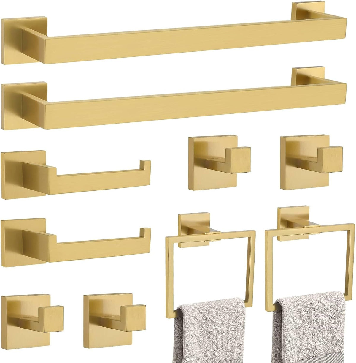 Brushed Gold 10 Pieces Bathroom Hardware Accessories Set Towel Bar Set Towel Holder&Racks Set for Bathroom,SUS304 Stainless Steel,Wall Mounted 16-Inch