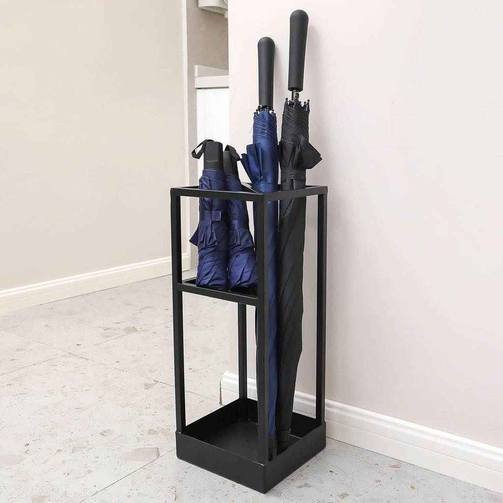 MyGift 20 Inch Tall Black Metal Geometric Umbrella Stand with Drip Tray