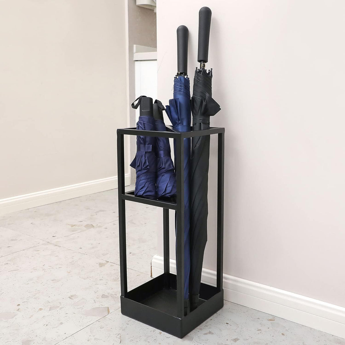 MyGift 20 Inch Tall Black Metal Geometric Umbrella Stand with Drip Tray