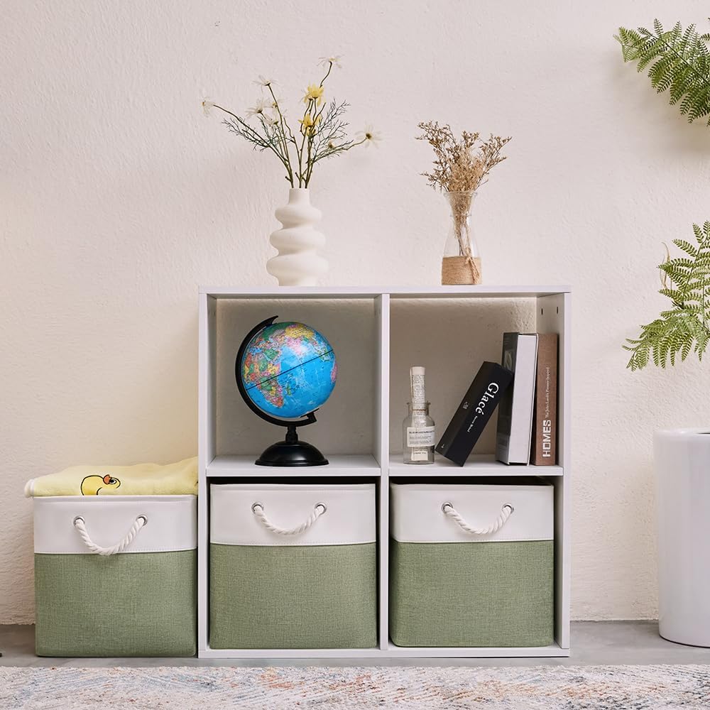 Fabric Storage Cubes 13 x 13, Collapsible Storage Bins for Shelf Baskets, Cube Storage Organizer White Green Bins with Cotton Handles, Foldable Storage Bin box, Cube Storage Bin 6 Pack