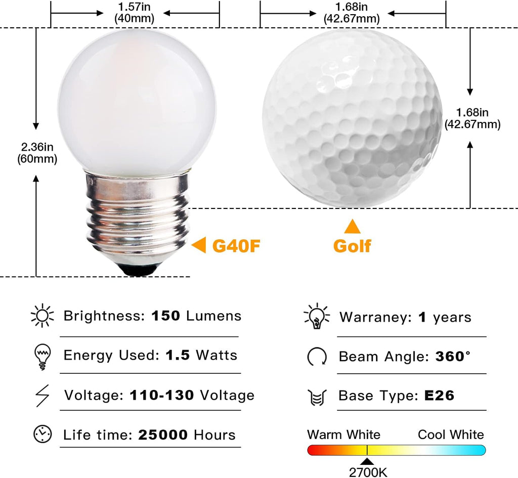 G40 1.5w Low Wattage Led Bulb Equal 15 Watt Small E26 Light Bulbs