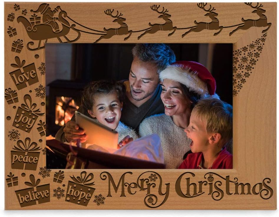 KATE POSH Merry Christmas Love Peace Joy Believe Hope, The Magic of Christmas Family Picture Frame. Santa, Reindeer and Sleigh Decor. Engraved Natural Wood Photo Frame (4x6-Horizontal)
