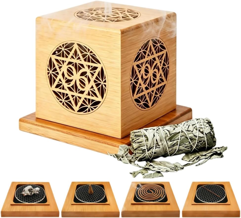 Complete Smudge Kit, Bamboo Smudge Box with Sacred Geometry, Heat Resistant Liner & Ash Catcher, Zen Home Decor Incense Holder for Meditation, Ideal Housewarming Spiritual Gift