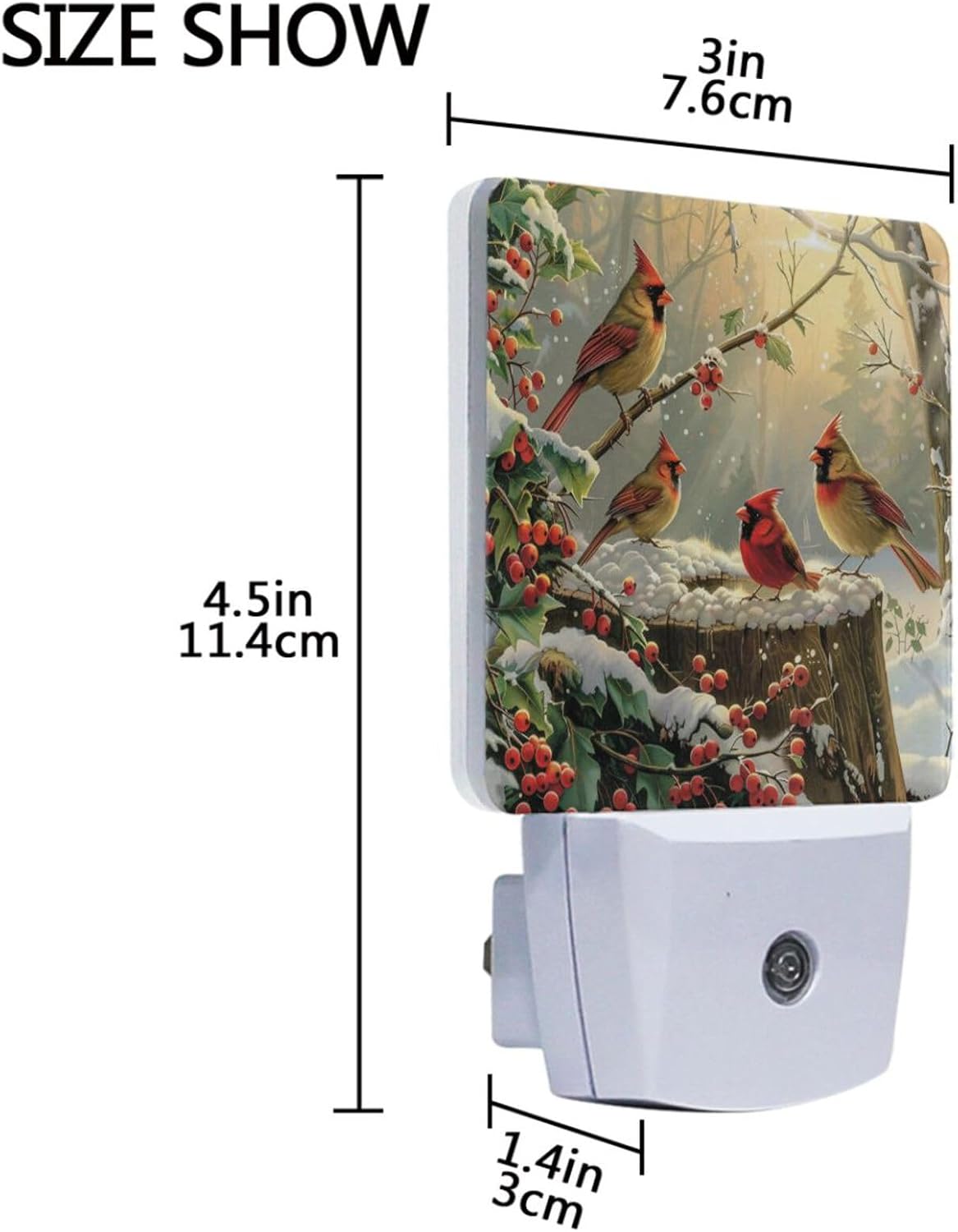 Vdsrup Winter Cardinal Birds Night Light Set of 2 Holly Berry Branches Snow Plug-in LED Nightlights Christmas Decorations Auto Dusk-to-Dawn Sensor Lamp for Bedroom Bathroom Kitchen Hallway Stairs