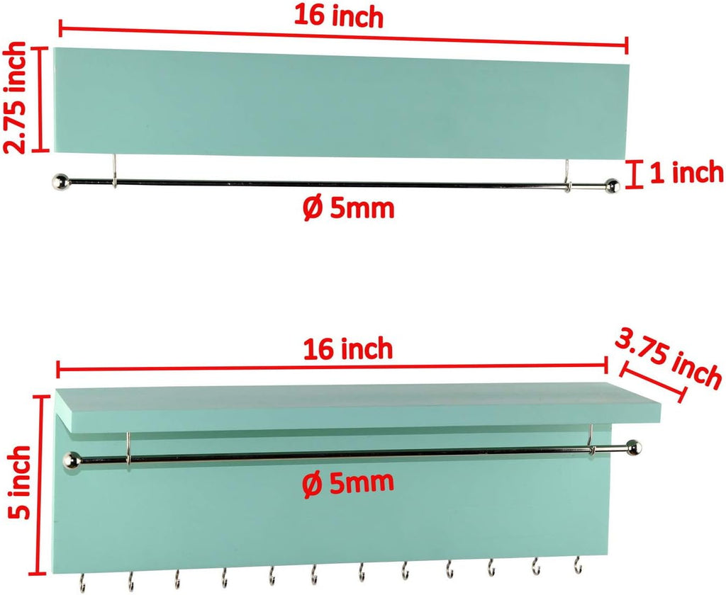 Wall-Mounted Jewelry Organizer - Wood Turquoise - Necklace Holder with Removable Metal Bar - Earrings Bracelets Hooks - Shelf Storage