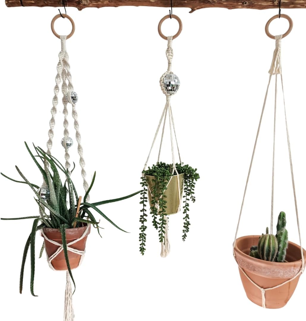 Set of 3 Macrame Plant Hanger | Disco ball decor Hanging planters for indoor plants Cool gifts for plant lovers Boho plant pots plant stand indoor Hanging planters for outdoor plants (Vanilla White)