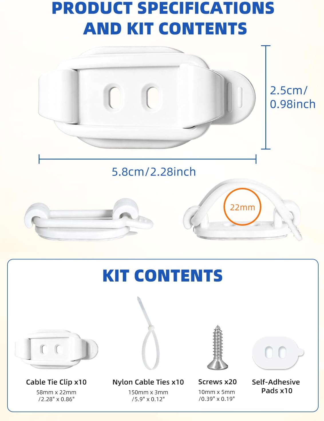 10 Pack Adhesive Cable Clips, Adjustable Cable Management Clips White
