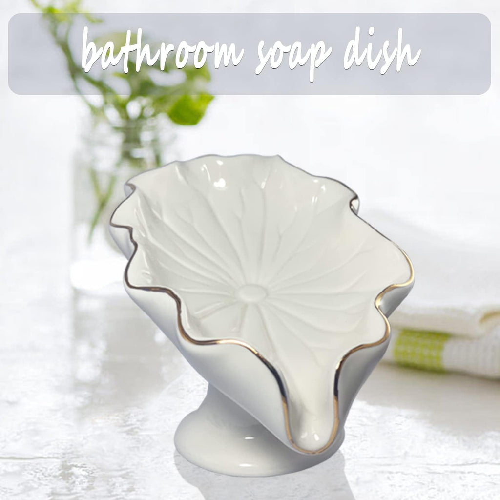 Bathroom Soap Dishes White, Lotus Leaf Soap Holder,Ceramic Soap Dish for Counter Top,Self Draining Soap Holder (White)