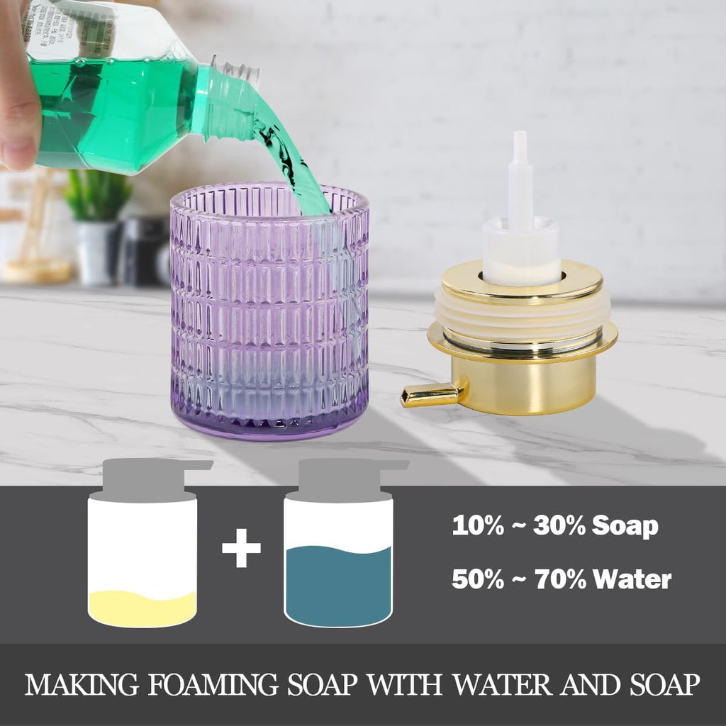 Foaming Soap Dispenser,10 Oz Glass Foam Hand Soap Dispenser for Bathroom and Kitchen,Refillable Foaming Pump Bottle with Large Pump,Modern Striped Dish Soap Foam Dispenser (1, Purple)