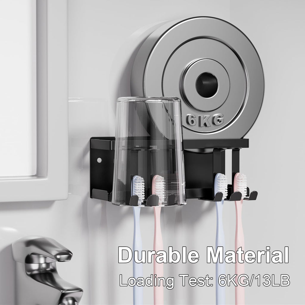 Wall Mounted Toothbrush Holders for Bathroom, Self Adhesive or Drill, Black